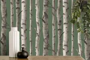 Fine Decor Birch Trees Hunter Green Wallpaper FD43292