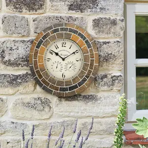 Stonegate Mosaic Quartz Wall Clock & Thermometer - Battery Powered Weatherproof Stone Effect Home Garden Decor - 33.5cm Diameter