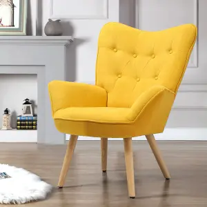 Yellow Linen Tufted Back Armchair with Plush Cushioning and Natural Rubberwood Legs