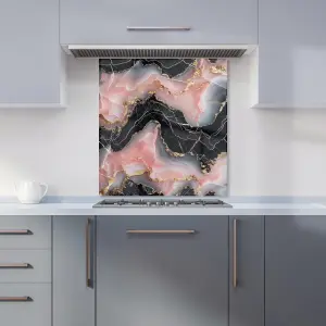 Baby Pink And Black Marble Effect Premium Glass Kitchen Splashback W900mm x H750mm