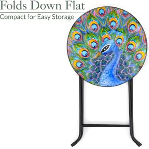 Folding Glass Table Garden Outdoor Patio Decoration Painted Round Top Christow Peacock