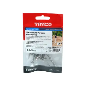 TIMCO Classic Multi-Purpose Countersunk A2 Stainless Steel Woodcrews - 5.0 x 50 (10pcs)