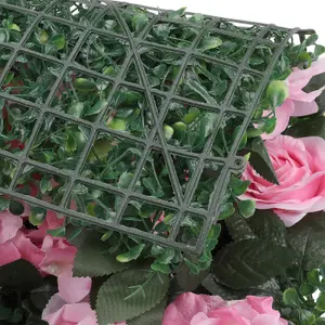 Artificial Flower Wall Backdrop Panel, 60cm x 40cm, Pink Roses with Leaves