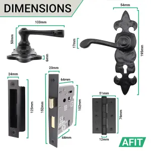 AFIT Black Antique Fleur De Lys Door Handles Key Lock Set - 1 Pair Cast Iron Internal Handles Hinges 76mm, Sash Lock 64mm & Keys