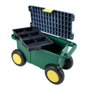 Garden Tool Trolley & Seat - Plastic Storage Cart Box with 4 Wheels, 2 Handles, Clasp Lid & Removeable Tray - H30 x W55 x D27cm