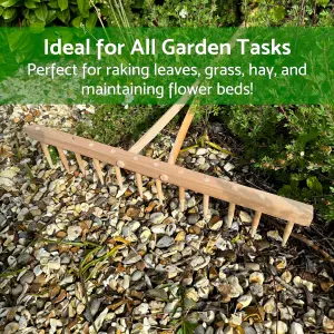 Wooden Agricultural Farming Garden Rake - 12 Teeth, 60 cm Wide, 130 cm Long - Lightweight and Durable Beech Wood Rake