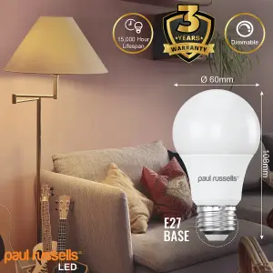 paul russells LED GLS Dimmable Bulb Edison Screw ES E27, 8.5W 806Lumens 60w Equivalent, 4000K Cool/Natural White Light, Pack of 6