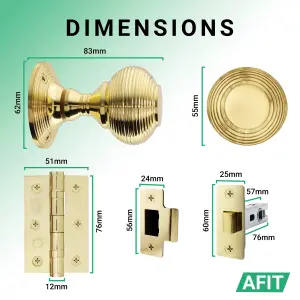 AFIT Beehive Door Knob Set Polished Brass - 2 Pairs of Reeded Mortice Knobs (55mm), Latch (76mm) & Hinges (76mm) for Internal Door