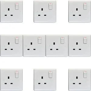 10 PACK 1 Gang Single Pole 13A Switched UK Plug Socket - WHITE Wall Power Outlet