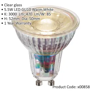 5.5W GU10 LED Bulb - Warm White - Dimmable Light Bulb - Clear Glass LED Lamp