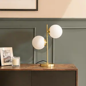 ValueLights Jas 2 Light Gold Metal Stem Bedside Table Lamp with White Frosted Glass Shades - Bulbs Included