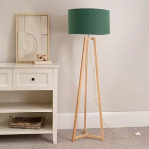 ValueLights Lottie Natural Wood Tripod Floor Lamp with Forest Green Drum Shade