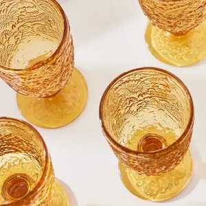 Set of 6 Vintage Luxury Yellow Embossed Drinking Goblet Wine Glasses 300ml