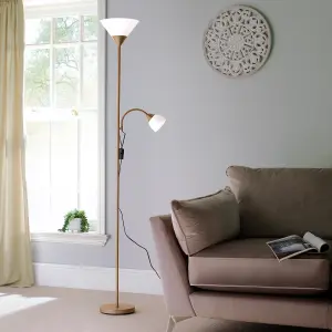 Mother and Child Floor lamp in brushed gold finish with 2 white shades