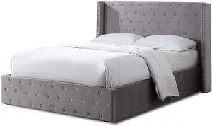 Double Ottoman Bed Frame Brushed Velvet Storage Bed With Winged & Studded Headboard