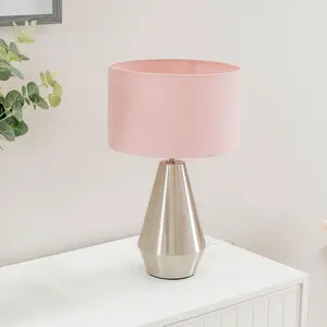 ValueLights Jax Silver Metal Touch Dimmer Table Lamp with Blush Pink Drum Shade