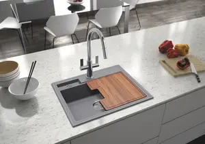 Clearwater Composite Granite Quarex Kameo-x Smart Single Bowl & Drainer Steel (Grey) Inset Kitchen Sink - KAMS125ST