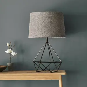 Geometric Frame Table Lamp Aged Copper & Grey Fabric Shade Bedside Feature Light