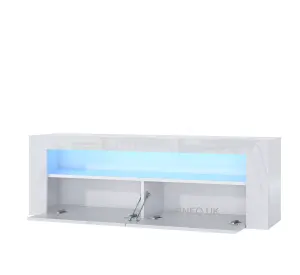 Furneo White TV Stand 145cm Unit Cabinet Matt & High Gloss Clifton13 Blue LED Lights