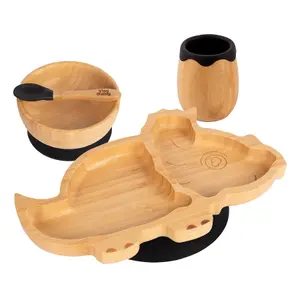 Tiny Dining - Dinosaur Bamboo Suction Baby Feeding Set - Black - 4pc