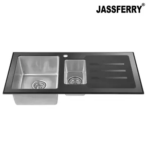 JASSFERRY Black Glass Top Kitchen Sink Stainless Steel 1.5 Deep Bowl Right Hand Drainer with Draining Groove