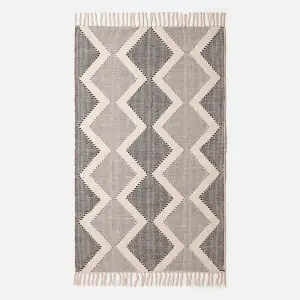 Homescapes Malmo Handwoven White & Grey Cotton Textured Rug, 90 x 150 cm