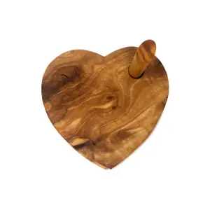 Olive Wood Natural Grained Rustic Kitchen Dining Set of 5 Heart Shaped Coasters On A Pole 10cm