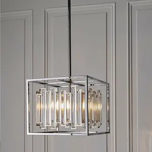 Hanging Ceiling Pendant Light Chrome & Crystal Gorgeous Modern Square Box Shade