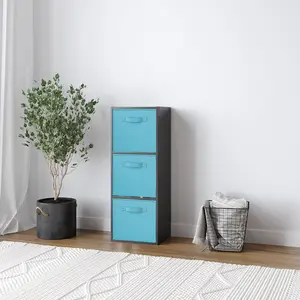 URBNLIVING 80cm Height 3 Cube Black Wooden Shelves Cubes Cupboard Storage Units With Sky Blue Drawer Insert