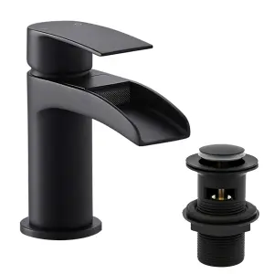 BATHWEST Matte Black Basin Mixer Taps with Pop Up Waste Waterfall Basin Taps with Drain Monobloc Black Faucet