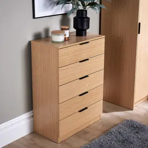 Home Source Phoenix Chest 5 Drawers Oak Effect