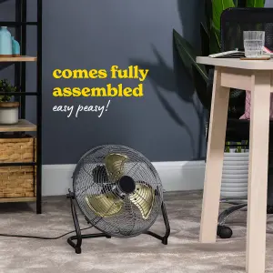 Russell Hobbs Floor & Ground Fan 12 Inch High Velocity Brushed Black and Gold 3 Speed RHGF1221BG