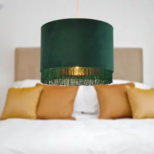 First Choice Lighting Spruce Green Velvet With Gold Inner Tassled Light Shade