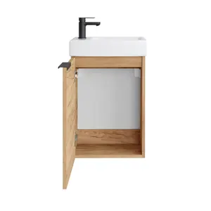 Bathroom Vanity Unit and Basin 400 Cloakroom Sink Wall Cabinet Oak Finish Avir