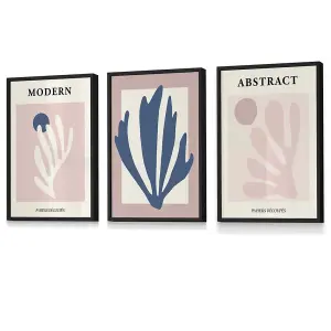 Set of 3 Matisse Style Floral Cut Out Navy & Pink Wall Art Prints / 30x42cm (A3) / Black Frame