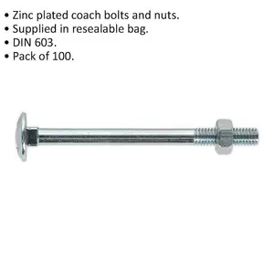 100 Pack of M6 x 75mm Zinc Plated Coach Bolts and Nuts - Durable DIN 603 Hardware