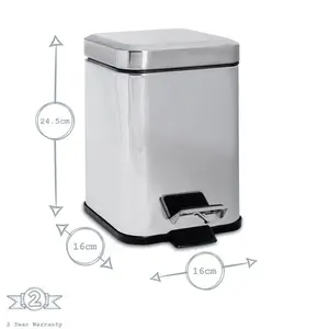 Square Bathroom Pedal Bin - 3 Litre Chrome