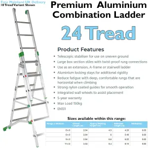 PREMIUM 24 Tread Combination Ladder 3 Section Extension Step Frame & Stairwell