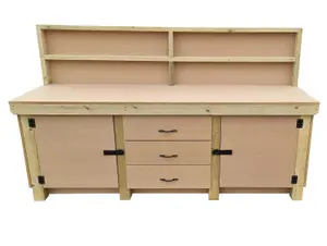 Wooden work bench with drawers and double lockable cupboard (V.8) (H-90cm, D-70cm, L-240cm) with back panel and double shelf