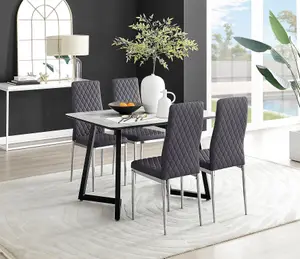 Furniturebox UK Carson White Marble Effect Dining Table & 4 Grey Velvet Milan Chairs