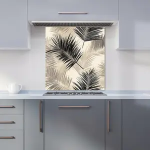 Black And White Tropical Palm Leaves Premium Glass Kitchen Splashback W600mm x H750mm