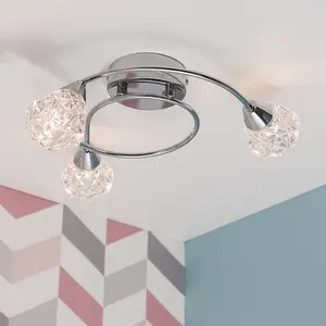 ValueLights Astley 3 Way Polished Chrome Flush Swirl Arm Ceiling Light with Clear Diamond Shaped Shades