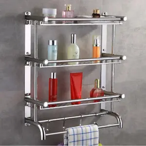 Chrome Wall Mounted Metal Bathroom Shelving Shower Organizer with Towel Rail Rack and Hook