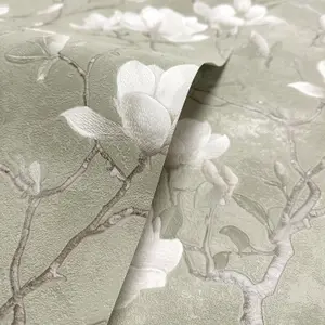 Opus Sage & White Petalina Floral Patterned Embossed Wallpaper