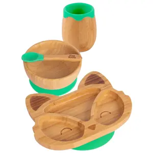 Tiny Dining - Fox Bamboo Suction Baby Feeding Set - Green - 4pc