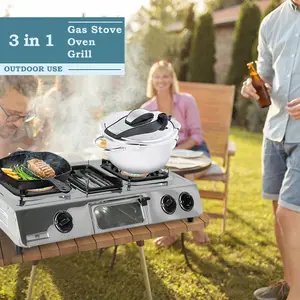 NJ G-87 Stainless Steel Camping Gas Stove 3 Burners with Grill & Oven 9.7kW