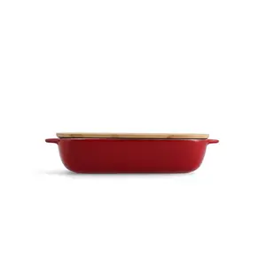 KitchenAid Stoneware Rectangular Dish with Bamboo Lid Empire Red / 32cm