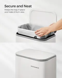 SONGMICS Steel Pedal Trash Container, Soft-Close Lid Feature, Stays Open, Internal Bucket, Non-Slip Wide Pedal, Cloud White