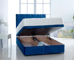 Blue   Naples Foot Lift Ottoman Bed With Memory Spring Mattress And   Studded Headboard 6.0 FT Super King