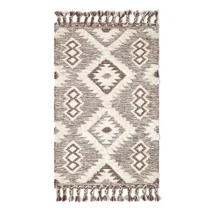 Homescapes Lhasa Handwoven Brown and Cream Textured Diamond Pattern Kilim Wool Rug, 90 x 150 cm